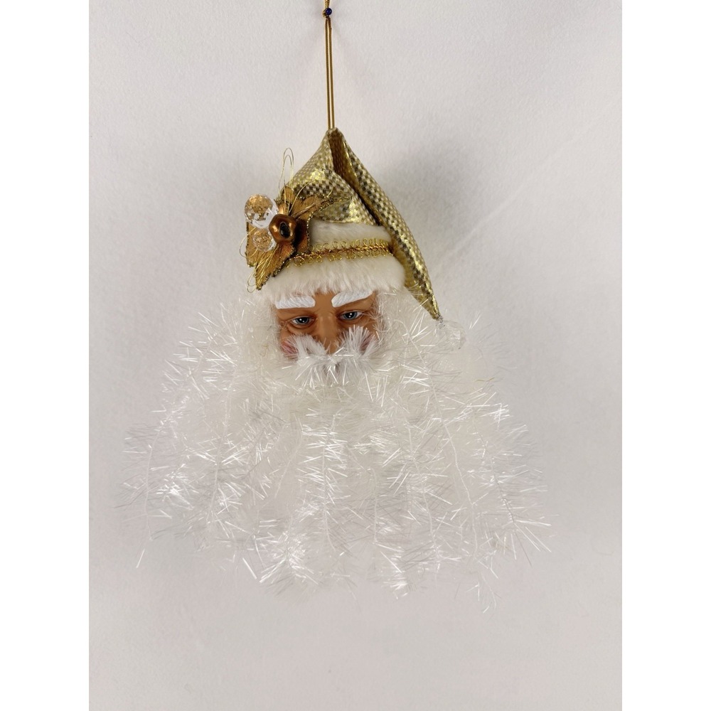 Santa Head Ornament Vintage Gold White Realistic Face Christmas Decor 8"